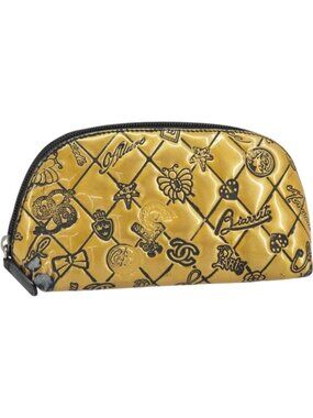 CHANEL Pouch Patent leather Black Gold Silver CC